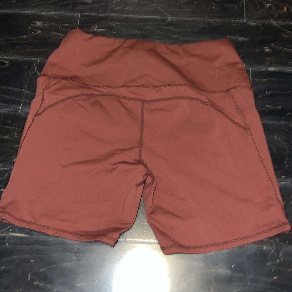Oalka Women's Shorts Side Pockets High Waist Workout spandex Shorts Brown Large - Picture 11 of 11